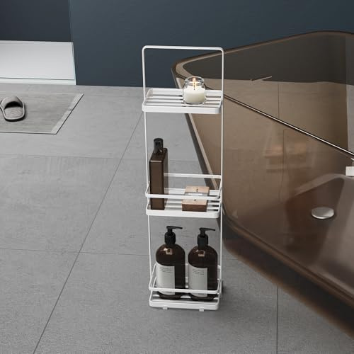 Mai & Mai Estante de Baño de Pie con 3 Niveles, Espacio Amplio para Almacenaje, Asa Práctica, Drenaje Rápido, de Acero Carbono y Base Antideslizante, Ideal para Baño y Bañera, Blanco, Reglo-02