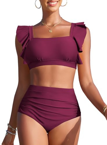Vijamiy Maillot de Bain Femme 2 Pieces Taille Haute Ventre Plat Bikinis Push up à Encolure Carrée Mode Maillots de Bain à Bords Festonnés pour la Piscine et la Plage(Rouge Pourpre,XL)