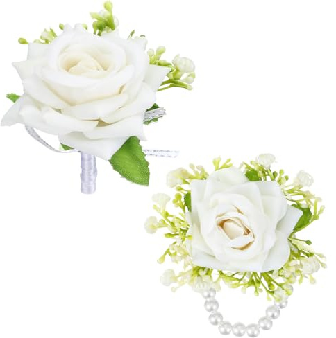 Wrist Corsage and Boutonniere Set, Flower Wrist Corsage Bracelets, Boutonniere for Women and Men, Wedding Bridal Flower Hand Decor for Bridal Shower, Wedding, Prom, Suit, Party, Homecoming (White)