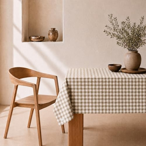 svet Mantel Antimanchas Tacto Tela Extrasuave, Mesa Rectangular, Algodón Impermeable, 100 x 140 cm (Cuadro Vichy Beige)
