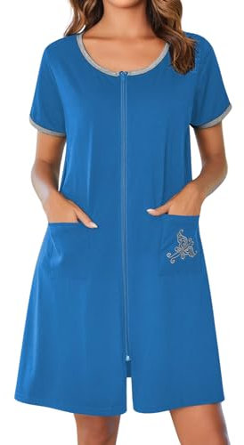 Ekouaer Bademäntel mit Reißverschluss für Damen, kurze Ärmel, Reißverschluss, Hausmantel, kurzer Bademantel, leichtes Nachthemd mit Taschen, S-3XL, himmelblau - deep sky blue, Large