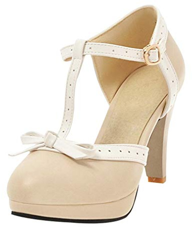 LOVOUO Femme Chaussure Mary Jane Escarpin Rockabilly Vintage Rétro Talon Bloc Lanière Carré Haut Plateforme Chunky avec Noeud Boucle 9CM(Beige,39)