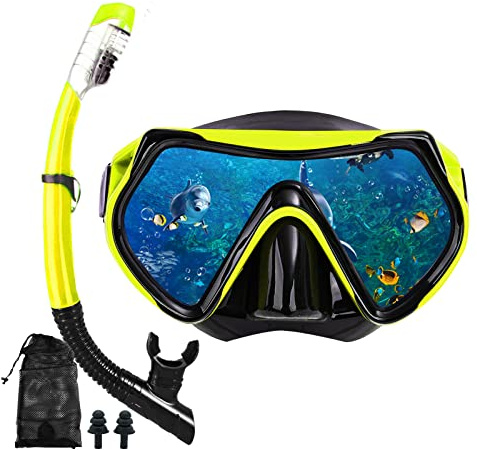 Snorkeling Gear for Adults, Dry Snorkel Mask Set, Scuba Diving Snorkle mask Set Adult, Panoramic Wide View Anti-Fog Dive mask, Swimming Diving Snorkeling Packages (Yellow)