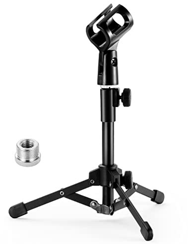 BILIONE Extendable Microphone Tripod Stand, Mini Desktop Mic Stand with Microphone Clip, 5/8 to 3/8 Metal Screw Adapter for Blue Snowball, Shure SM7B, Sm58 & Other Microphones