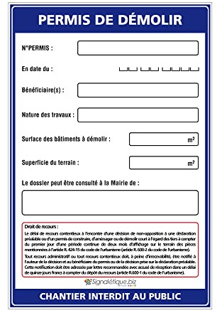 Signalétique.biz - Panneau Permis de Démolir + Marqueur Noir - Akylux 80x120 cm Anti-UV avec Œillets
