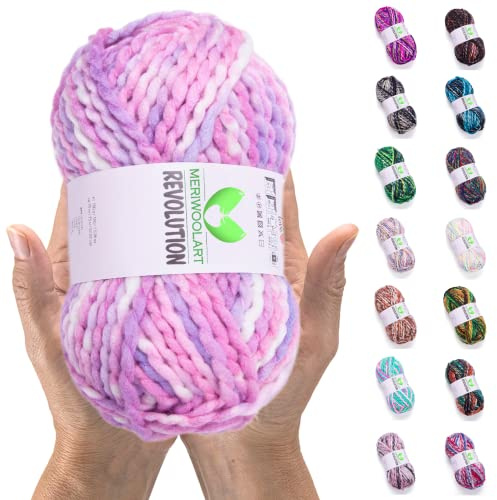 MeriWoolArt Lana Merina para Tejer – 75 m Multicolor Lana Merina Gruesa y Suave para Tejer Suéteres y Chaquetas – XXL Lana para Tejer a Mano – Lana Voluminosa DIY para Bufandas, Mantas, Chales