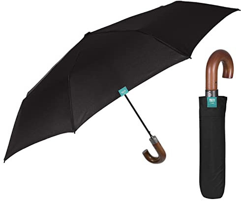 PERLETTI Schwarzer Taschenschirm Herren mit Holzgriff - Regenschirm Automatisch mit Gebogenem Griff - Herrenschirm Schirm Sturmfest Winddicht Leicht Kompakt - Durchmesser 96 cm (Gebogener Holzgriff)