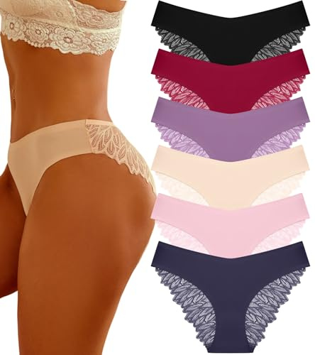 FINETOO 6 Pack Sexy Underwear for Women Silky Seamless No Show Panties Ladies Lace Bikini Lightweight Cheeky Hipster(L)
