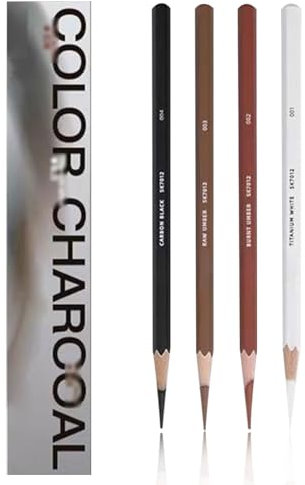 Skizzenstifte in White charcoal, 4 Farbige Kohlestifte zum Zeichnen, Bunte Holzkohlestifte zum Zeichnen, Weiße skizze Bleistift, Zeichenstifte Set, Zeichenstift, Weiß, Schwarz, Rotbraun, Hellbraun