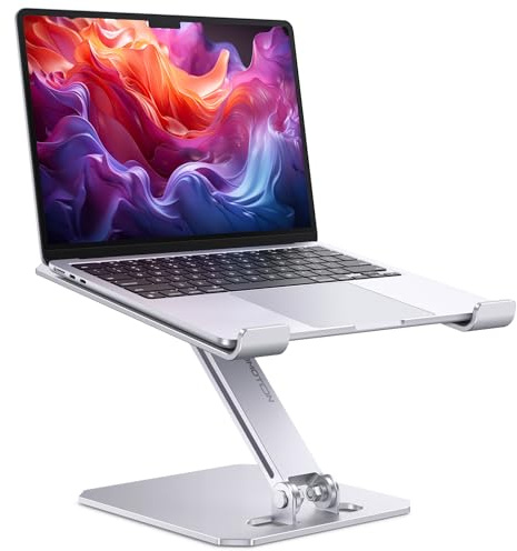 OMOTON Aluminum Laptop Stand for Desk, Ergonomic Notebook Stand with Adjustable Height, Foldable Laptop Riser with Heat-Vent, Compatible with MacBook and Laptops up to 16, Silver