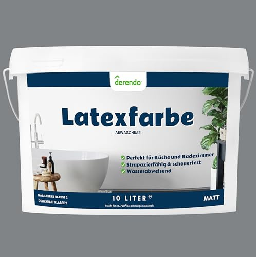 derendo Latexfarbe grau asphaltgrau matt abwaschbar 10 Liter für Innen Küche streichen Badezimmer graue Wandfarbe hohe Deckkraft deckend