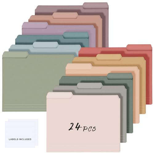 Resholder 24 Pcs File Folders 9.5x11.6 Inch Manilla Folders Letter Size with 1/3 Cut Tabs 12 Colored Office Home School Organizers for Documents, Classroom Supplies and Paper Storage (Vintage Color)