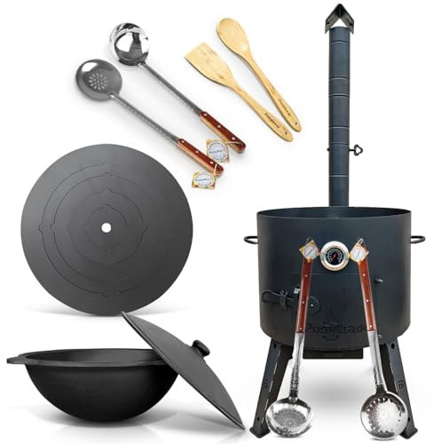 R22L-538 - Hornillo de chimenea (diámetro de 49 cm, diámetro de 53 cm, diámetro de 52,7 cm, base redonda, 64 x 2 cm, cuchara de madera, cuchara de 48 cm, espátula de madera