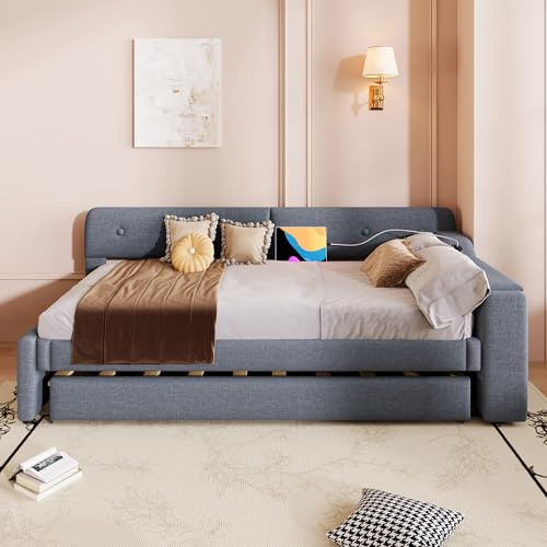 Sofá cama, cama de día, 90 x 200 cm, sofá cama con somier (sin colchón), con cama nido extensible con compartimento plegable, USB+Type-c, lino (gris)