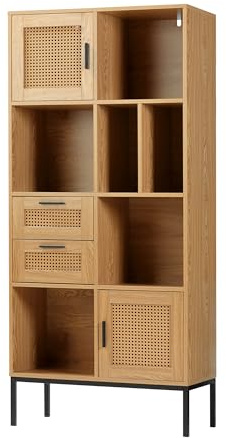 Bonetti Étagère de salon aspect rotin avec 2 portes, 2 tiroirs et 6 compartiments, environ 75 x 167,5 x 35 cm, bibliothèque moderne, étagère de salon, armoire haute en métal et bois MDF, debout