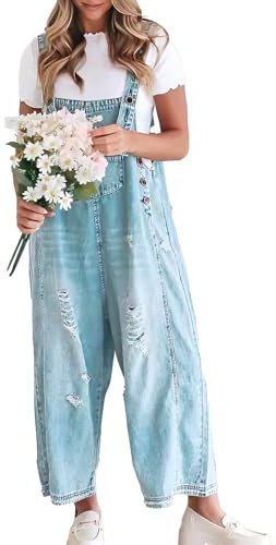 Sukany Women's Vintage Casual Denim Jean Overalls Loose Distressed Bib Dungarees Adjustable Baggy Harem Romper Jumpsuit Pants Light Blue M