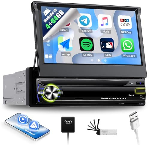 SIXWIN 4GB+64GB Android 13 1 Din Radio con Wireless Carplay e Android Auto,7 Pollici Manual Pieghevole Touchscreen Stereo con WiFi GPS Bluetooth RDS/FM USB Controllo del Volante