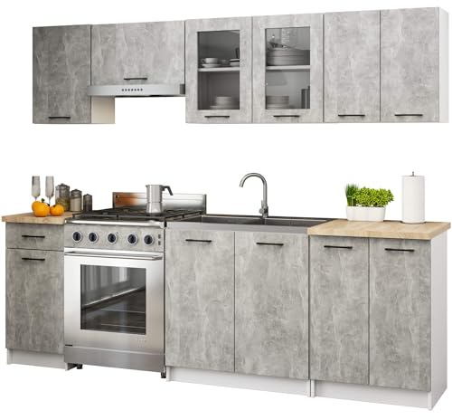 AKORD | Muebles de Cocina OLIWIA de 2.4m, modulares de 240 cm, con 11 Puertas y 1 cajón. Set de armarios de Cocina 240cm x 203cm x 46cm | Hormigón y Vitrina
