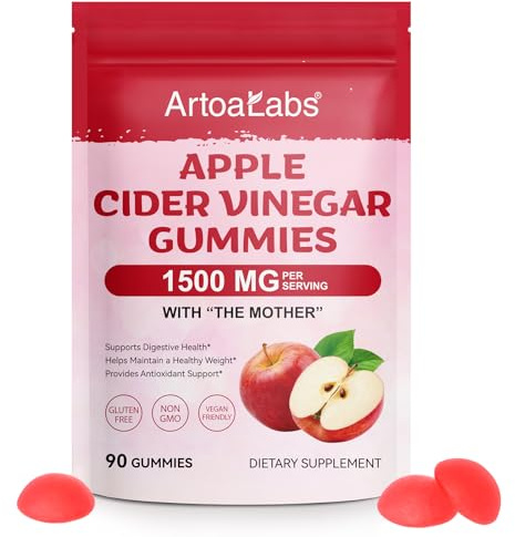 Apple Cider Vinegar Gummies 1500mg with “The Mother” – ACV Gummies with Vitamin B6, B12 & Folic Acid – Supports Digestion, Energy– Natural Apple Flavour – 90 Vegan Count