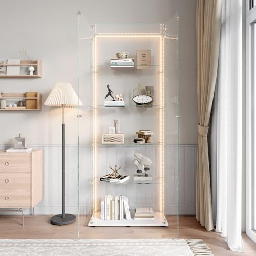 BestAlice Vetrina in vetro, da collezione, con barra luminosa a LED e serratura, con 2 ante e 5 ripiani, trasparente, per soggiorno, bar, bianco