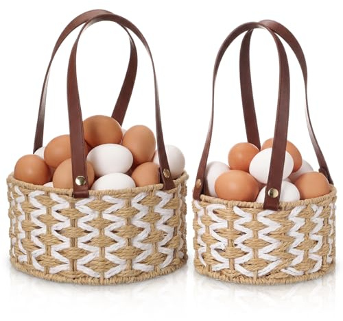 Ferrochef 2 Size Egg Collecting Baskets with Handle for Collecting Chicken Fresh Eggs Farmhouse Wicker Basket Vintage Countertop Fruit Holder Detachable Faux Leather Handle for Storage Harvest Kitchen