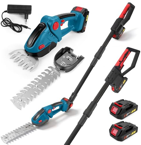 HumiLuft 24V Akku Heckenschere mit 100cm Verlängerungsstange, 4 in 1 Akku Grasschere & Strauchschere mit 2x1500mAh Batterien, Max 5.25ft, 90° Verstellbar, Elektrogartenscheren mit 120mm+230mm Klingen