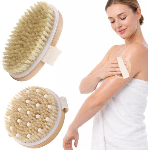 2 Stück Lymphdrainage Trockenbürste, Wilde Schweineborsten Körperbürste für Trockenmassage, Peeling & Hautstraffung, Handliche Rundbürste gegen Cellulite (11 cm)