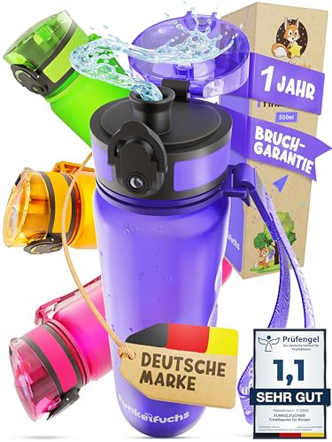 Gnistrande räv vattenflaska för barn – 500 ml, lila – lämplig för kolsyra – 100 % läckagesäker – vattenflaska diskmaskinssäker – för skolning, skola, sport