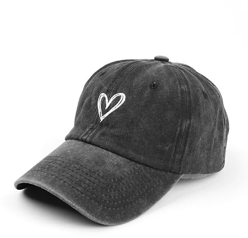 JILLICK Adjustable Baseball Cap for Women - Lightweight Vintage Wash Cotton Hat for Outdoor Sports Hiking Tennis Golf Running Breathable Sun Protection with Cute White Heart