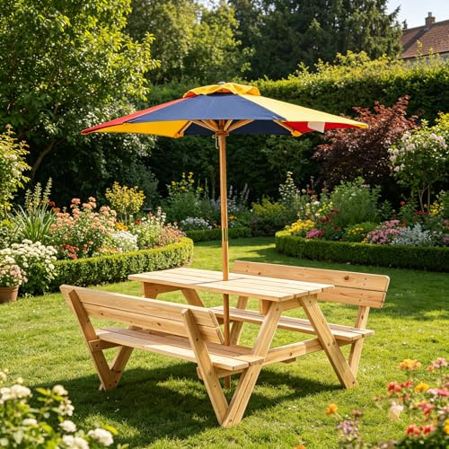 LIFEZEAL Tavolo da Picnic per Bambini con Ombrellone Rimovibile e Regolabile, Set con Tavolo e Sedie da Picnic a 4 Posti, Tavolino e Panchina da Campeggio in Legno di Abete, per Bambini 3-8 Anni