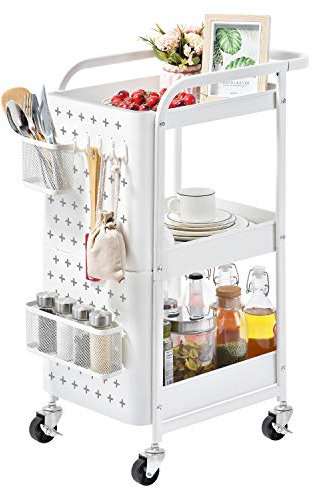 kingrack rollwagen,3 etagen rollwagen Metall,küchenwagen schmal,allzweckwagen für Küche Kosmetik,Regalwagen mit Lochplatte Rollen Haken Körbe Griffe Feststellräder,servierwagen für Büro Garagen