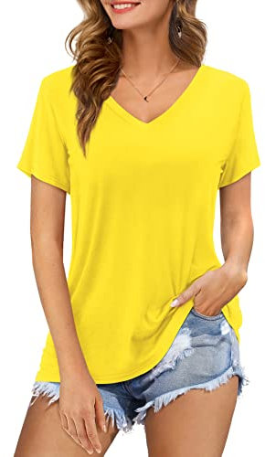 Florboom Damen Kurzarm T-Shirt V-Ausschnitt Tunika Kurzarm Longshirt Lockere Oberteile Gelb XL