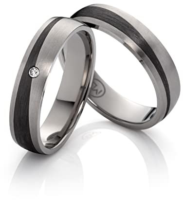 Paar Trauringe Eheringe Verlobungsringe Titan Carbonringe mit Diamant 0,015ct Partnerringe Hochzeitsring Antragsring für Sie und Ihn (Gravur/Etui) 3848