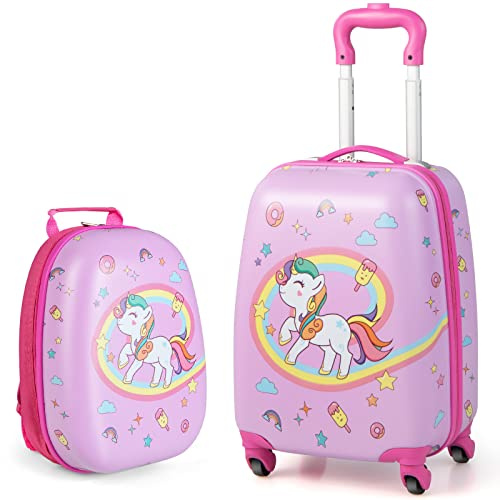 BABY JOY 2 Pcs Kids Luggage Set, 16 Carry-on Luggage Trolley Case & 12 Backpack w/Rolling Wheels, Retractable Handle, Lightweight Airline-approved Design, Kids Suitcase for Girls Boys (White Pony)