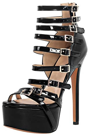 Only maker Damen Riemchensandalen Plateau Sandaletten Stiletto High Heels mit Schnallen Metallic Lackoptik Schwarz 42 EU
