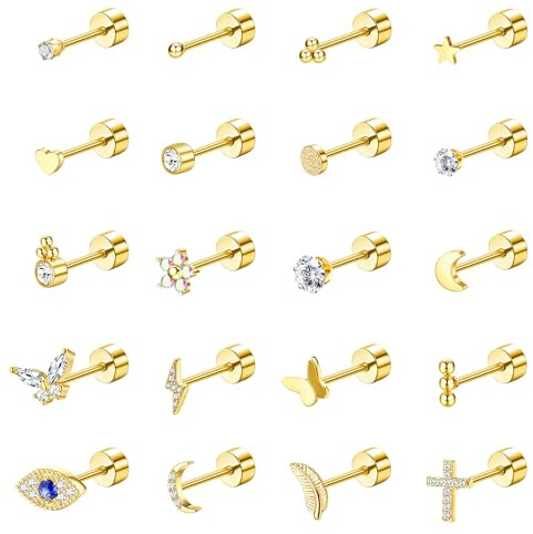 KALVICA Hipoalergenicos Pendientes Mujer Acero Quirurgico Cartílago Pendientes 20G Helix Piercing Joyería CZ Estrella Corazón Mariposa 20Piezas Oro Plata Negro(G)