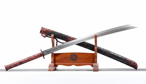 LOONGSWORD Traditional Chinese Qing Dao Sword - Spring Steel Blade, Red Alloy Fittings, Wood Wrapped Faux Leather Scabbard