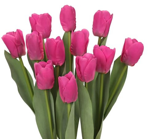 DuHouse 12pcs Hot Pink Artificial Tulips Flowers Real Touch Tulip Bouquets in Bulk Fake Tulips Flowers for Home Kitchen Decoration Wedding Party
