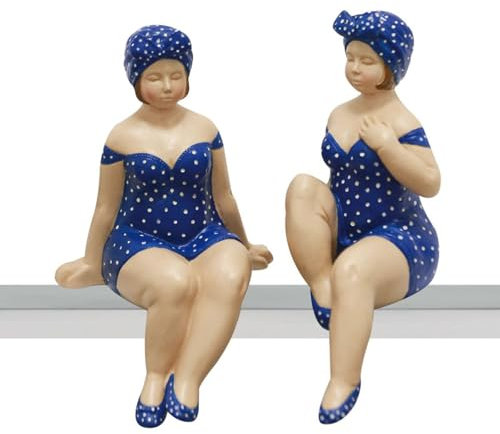 ReWu Kantenhocker Figur Becky Badenixe 2er-Set Blau Weiß Dekoration Wohndekoration Kantensitzer Maritim Figuren Dekofigur Dekoaufsteller 13 x 8 x 8 cm