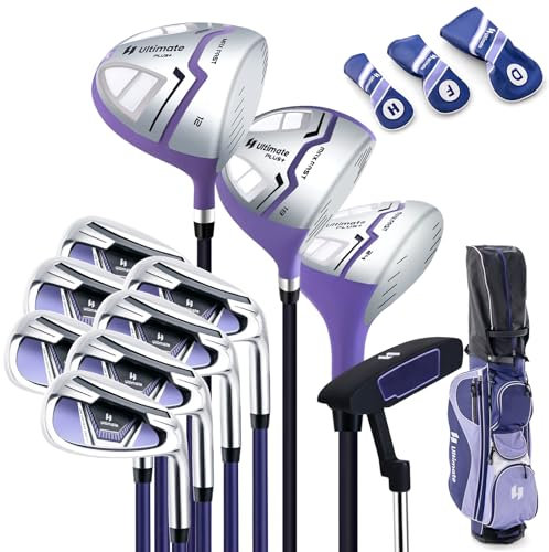 COSTWAY Ensemble Club de Golf Portable pour Femmes, Sac Trépied avec Capuche Anti-Pluie Driver 460CC #1, Bois de Parcours #3, Hybride #5, Fers #5#6#7#8#9#P #S et Putter, pour Droitier (Violet)