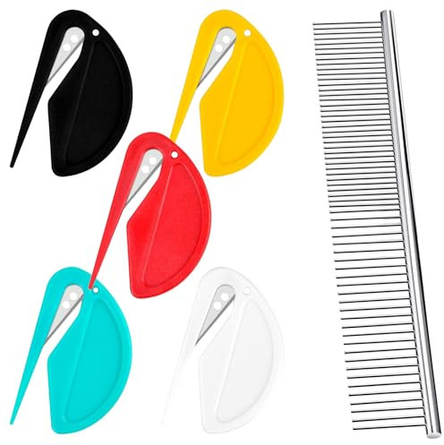 RANYAKE 5 Stück Knitting Comb Cat, Entfilzungsmesser Katze Hunde, Pet Knotting Comb, Wird geliefert mit einem Edelstahl Haustier Kamm, Zum Entfernen von Knoten und unerwünschten Haaren bei Haustieren