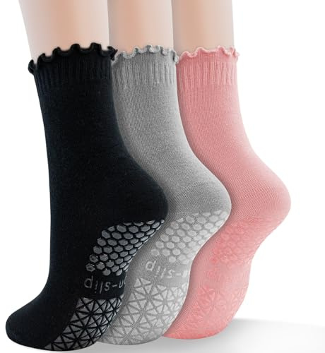 GRPSKCOS Yoga halkfria strumpor 3 par pilatesstrumpor med grepp kvinnor greppstrumpor för balett barre hem träning sjukhus storlek 3-9, #1 Svart+Grå+Rosa, 3-9