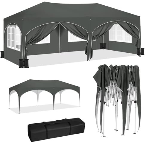 WOLTU Pabellón de Jardín Cenador Plegable Pérgola con Techo Carpa para Exteriores de Tela Oxford 3x6m,con Paredes Laterales, Camping y Playa,4PCS Bolsas de Arena Vacía para Carpas,Gris