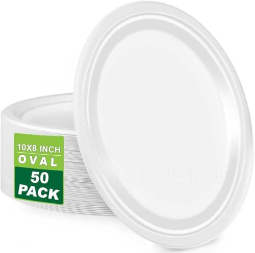 Lot de 50 grandes assiettes ovales jetables en bagasse 25,4 x 20,3 cm, utilisées pour les aliments chauds et froids pour le déjeuner et le dîner, assiettes de fête respectueuses de l'environnement, de