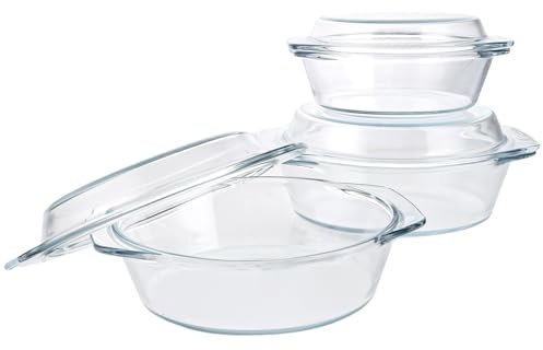 YAYODS 3 fuentes de cristal con tapa, 650/1000/1400 ml, redondas, para microondas con tapa redonda, apta para horno, con asas para ensalada de frutas, carne, microondas, horno