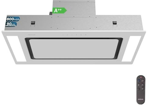 Cecotec Hotte Aspirante 90cm Plafond Intégrable Bolero Flux Tir 908000 Glass White A++. Finition Verre Blanc, Aspiration 800M3/H, Télécommande, Filtre Charbon, Booster