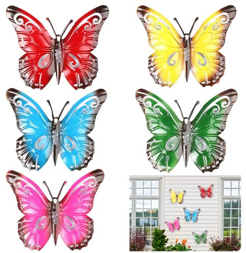 Metal Butterfly Garden Ornament, 5Pcs Butterfly Wall Art Decor Garden Wall Ornaments Outdoor Butterflies Sculpture Hanging Garden Ornaments Fence Decorations for Indoor Outdoor Yard Wall Decor