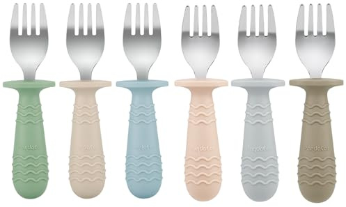 PandaEar Juego de 6 Tenedores para Bebé | Puntas de Acero Inoxidable y Mango de Silicona | Utensilios para Niños y Niñas | Sin BPA, Fácil de Agarrar, Apto para Lavavajillas, Baby Led Weaning