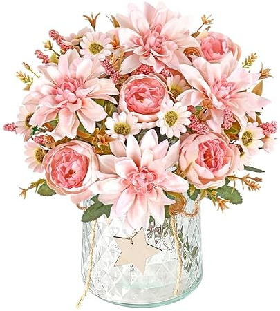 DEMIUKO 2 fasci di fiori artificiali come veri peonie artificiali, rosa, dalie, finti fiori di seta, decorazione per interni primaverili, matrimoni, feste, cucina, tavolo, casa, decorazione pasquale