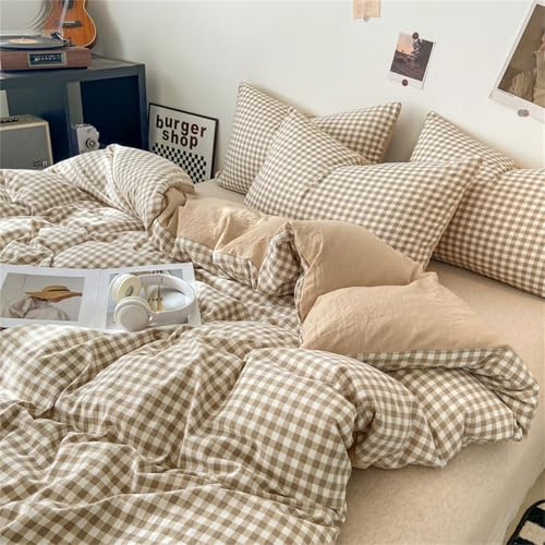Bettwäsche 135x200 Kariert Beige Braun Modern Bettbezug + Kissenbezug 80x80